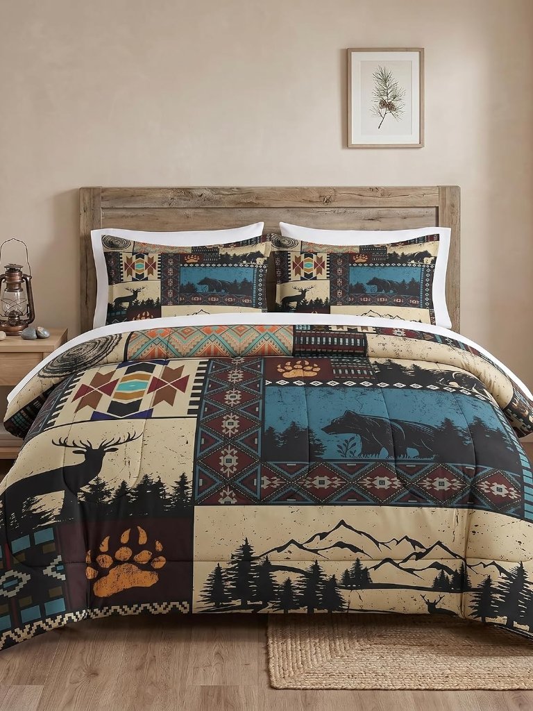 Full Size Comforter Set With 2 Pillowcases, Deer Bear Wildlife 3 Pcs Bedding For